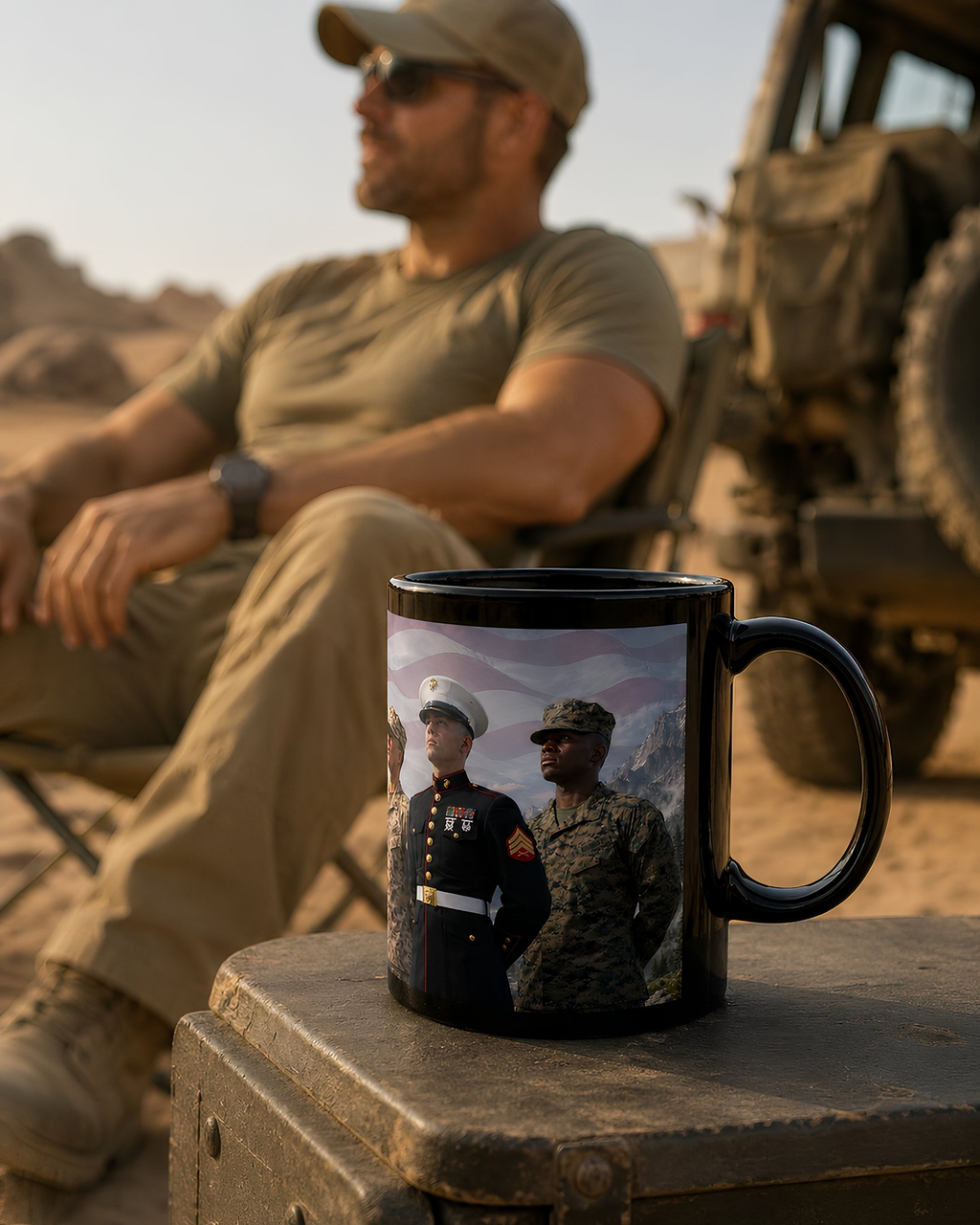 A black mug with a picture of three military personnel on it, placed on a surface in a desert-like environment.