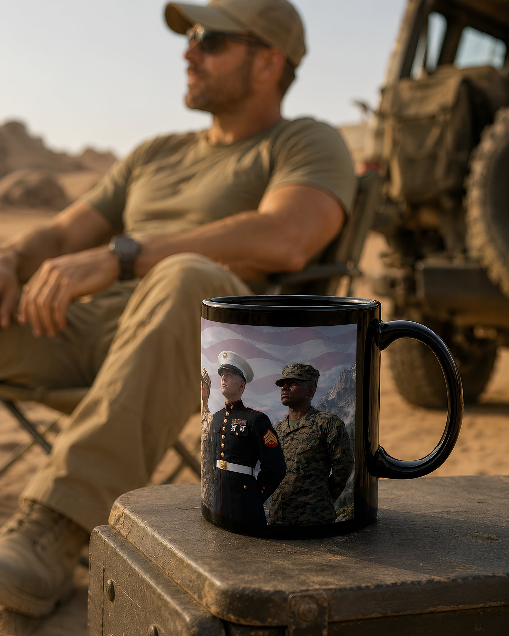 A black mug with a picture of three military personnel on it, placed on a surface in a desert-like environment.