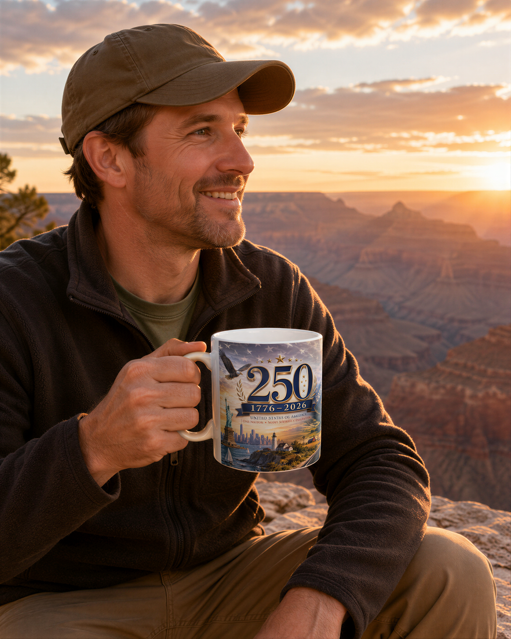 A man in a brown cap and jacket sits on a rock, holding a mug with a design of a city skyline and the number "250" on it, with a breathtaking view of a canyon in the background during sunset.