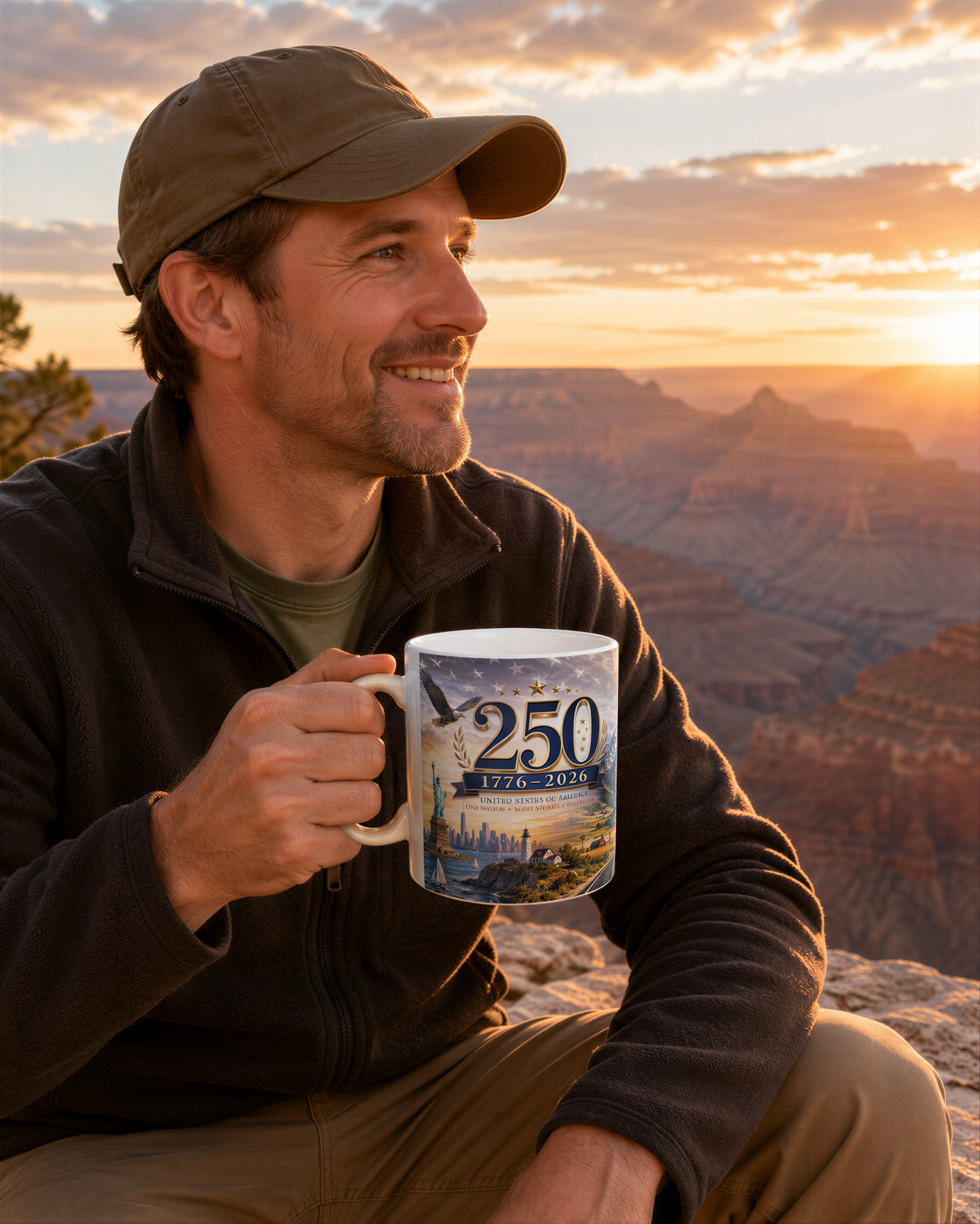 A man in a brown cap and jacket sits on a rock, holding a mug with a design of a city skyline and the number "250" on it, with a breathtaking view of a canyon in the background during sunset.