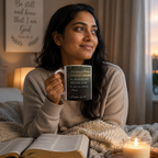 A woman sits on a bed, holding a mug with a verse from the Bible, while a lit candle and an open book are nearby.