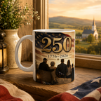 A white mug with an American flag design and the number "250" printed on it, placed on a wooden surface near a window overlooking a scenic landscape.