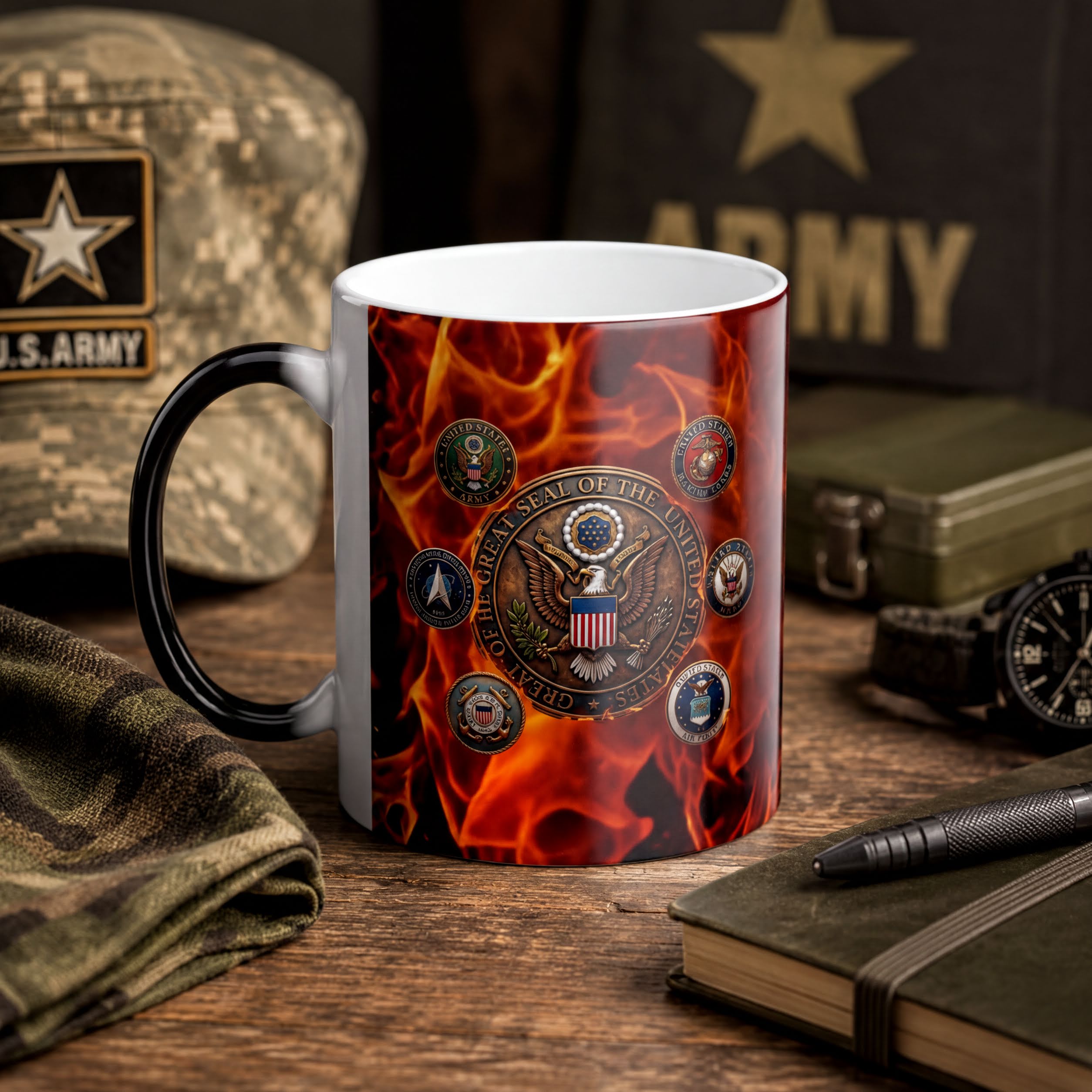 a military-themed coffee mug with a design of flames and various military insignia, including a U.S. Army seal. The mug is placed on a wooden surface, surrounded by other military-related items such as a hat, a book, and a pen.