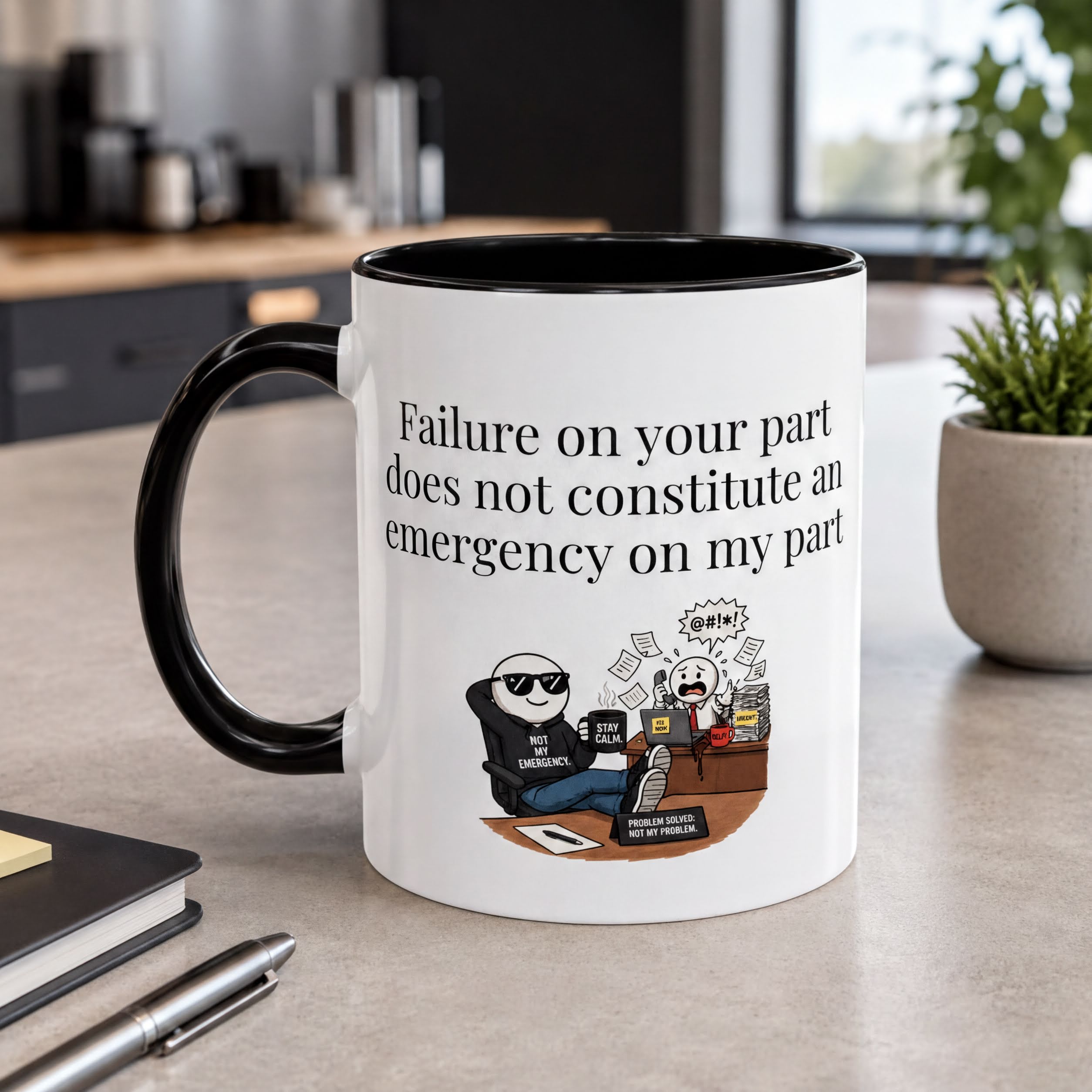 A white mug with a black handle, featuring a cartoon character and text that reads "Failure on your part does not constitute an emergency on my part".