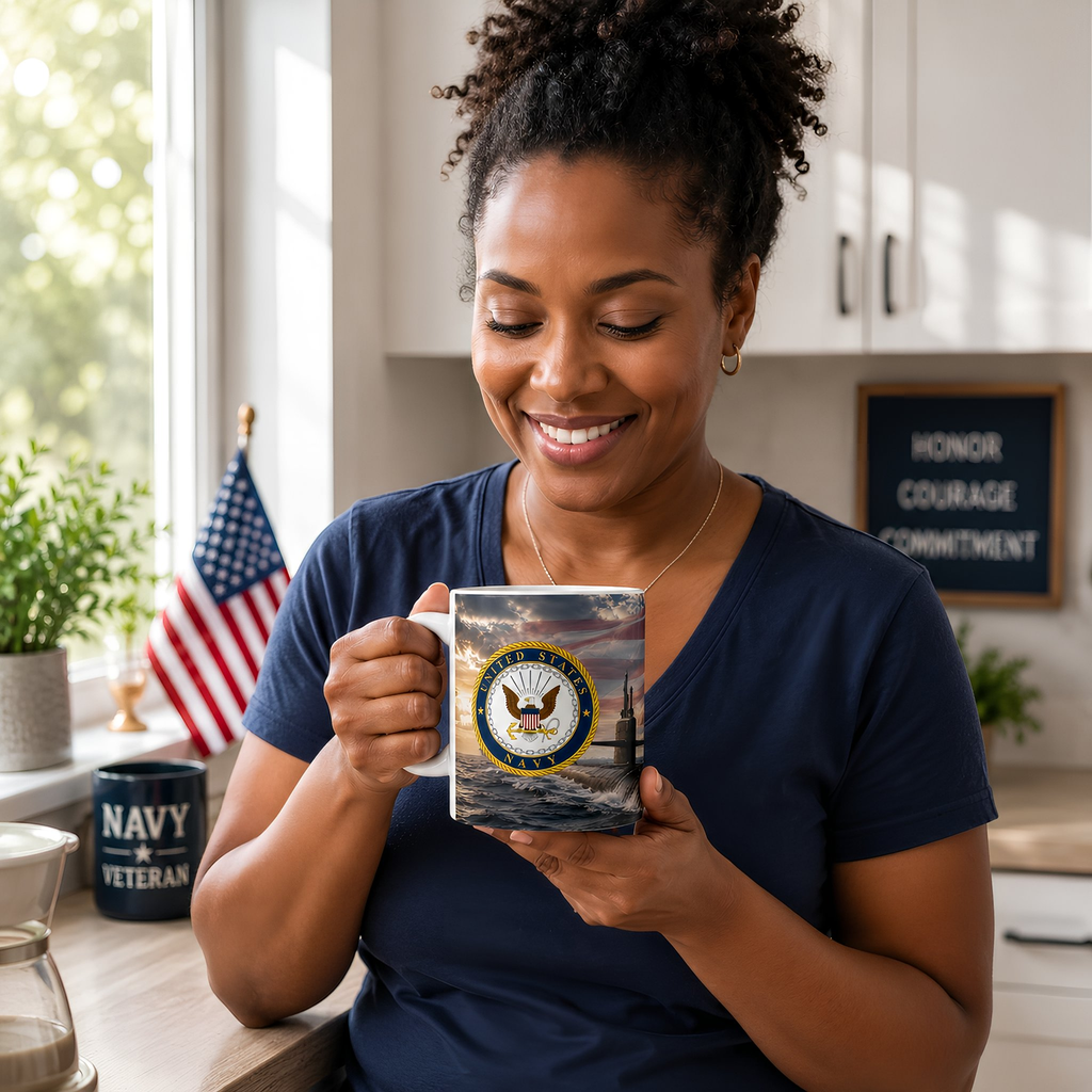 A woman is holding a mug with the United States Navy seal logo, smiling and looking at the mug.