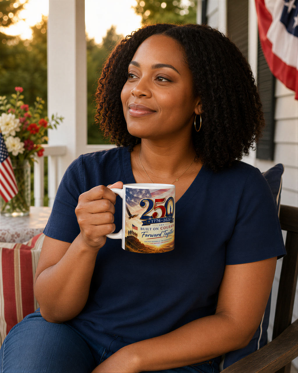 A woman with curly hair is sitting on a porch, holding a mug with a design that says "250th BULLIE COLLEGE FOUNDATION TOUCHER".