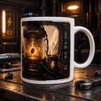 A white coffee mug with an artistic depiction of a coffee-making machine surrounded by futuristic elements, such as planets and energy sources.