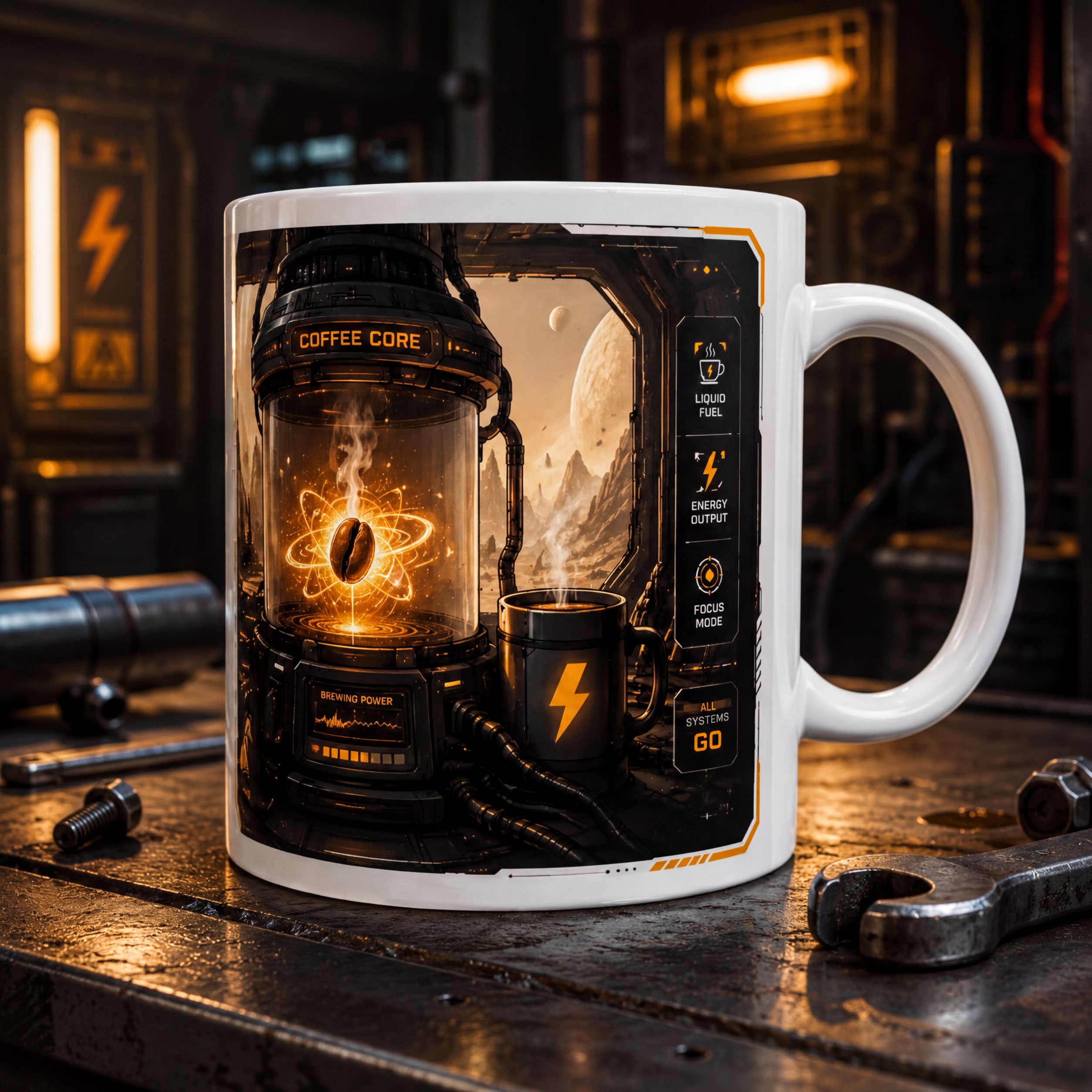 A white coffee mug with an artistic depiction of a coffee-making machine surrounded by futuristic elements, such as planets and energy sources.