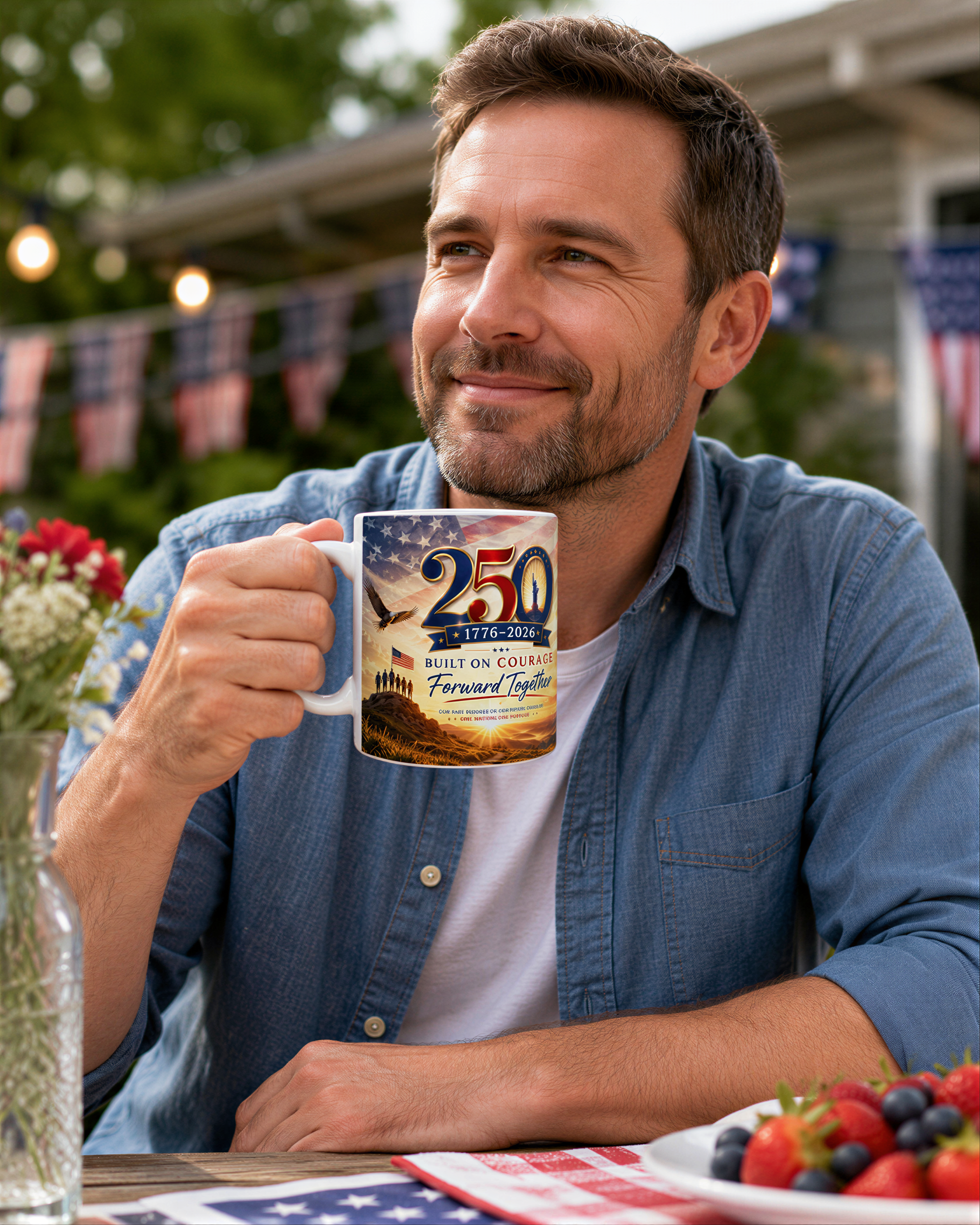A man is sitting at a table, holding a mug with a design that says "25th" and "built on courage, perseverance together".