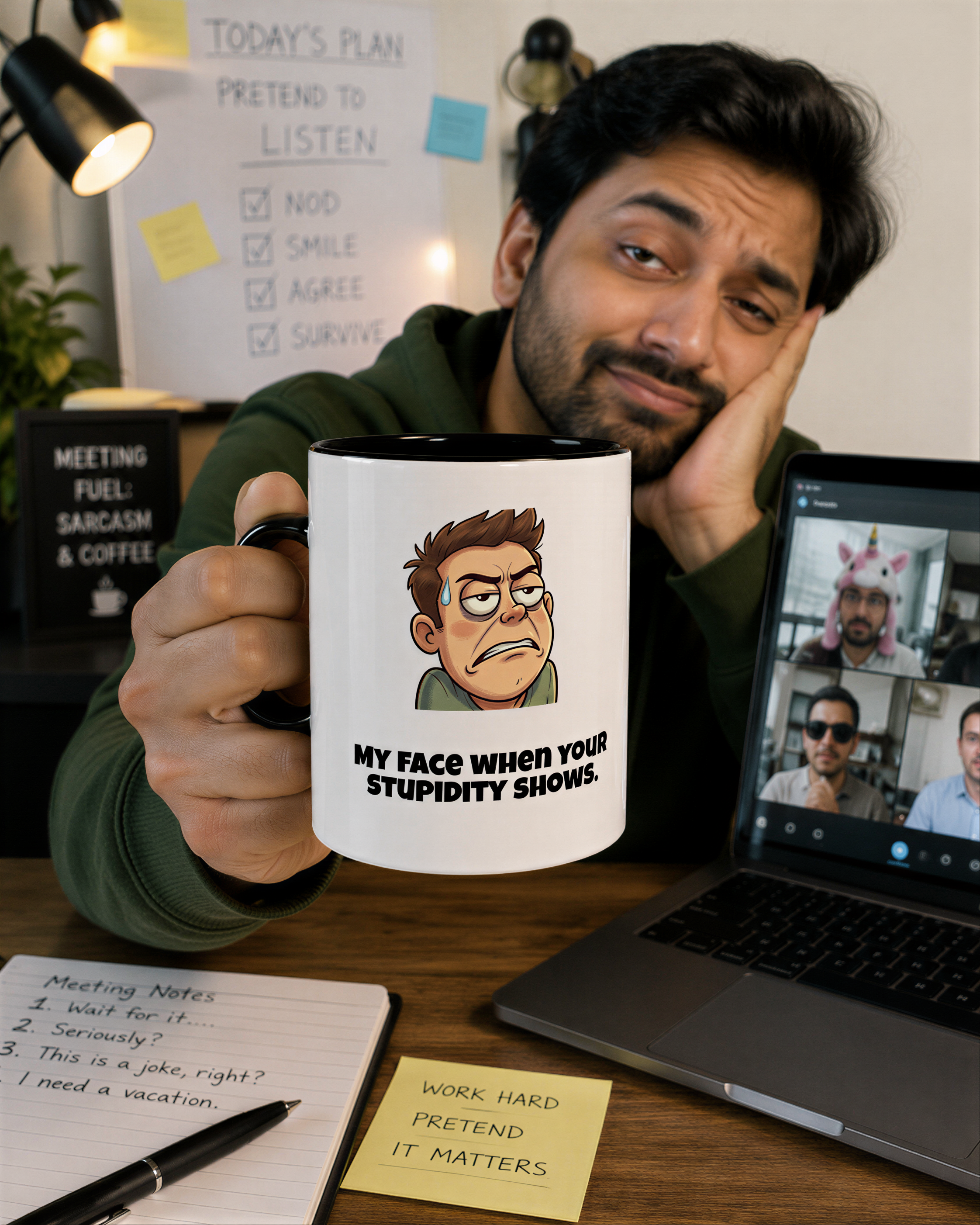 A man holding a mug with a cartoon character on it, sitting at a desk with a laptop, sticky notes, and a plant in the background.