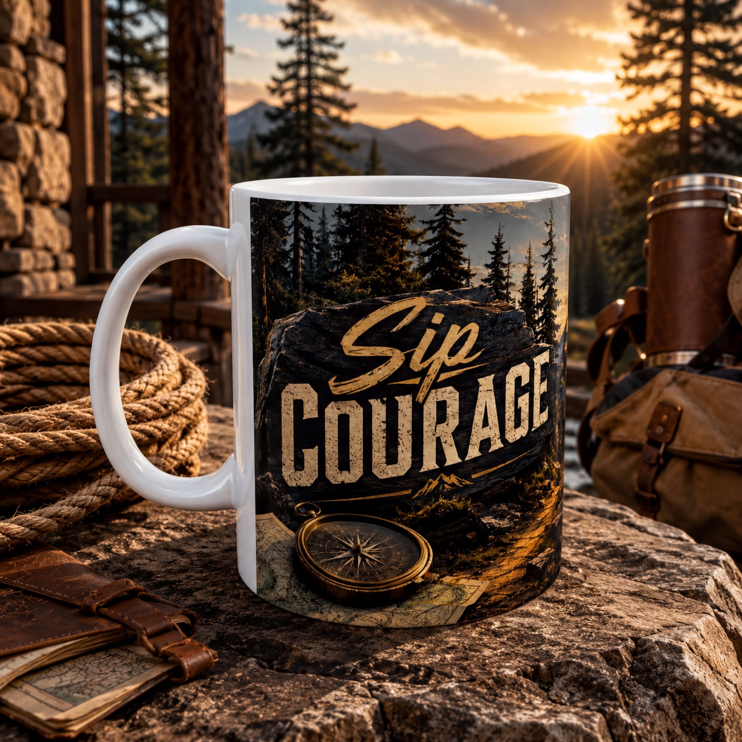 A white mug with a printed design of a forest and mountains, along with the text "Sip Courage" on it, placed on a rock.