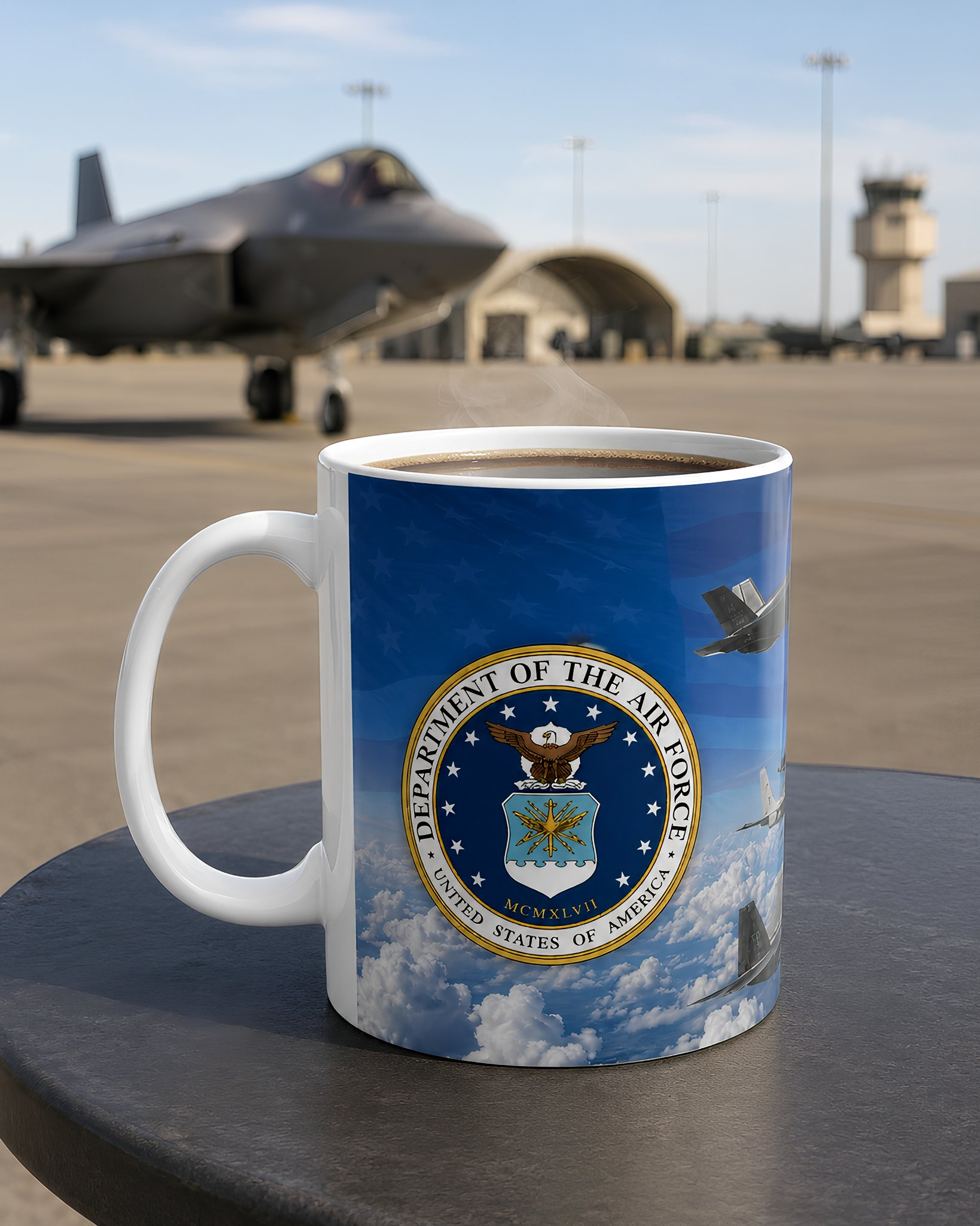 A mug with the emblem of the Department of the Air Force, featuring a fighter jet and clouds in the background.