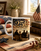 A mug with an American flag design and the text "250" printed on it, along with a historical image of people.
