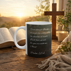 A mug with a Bible verse printed on it, placed on a wooden table with an open book and a candle in the background.