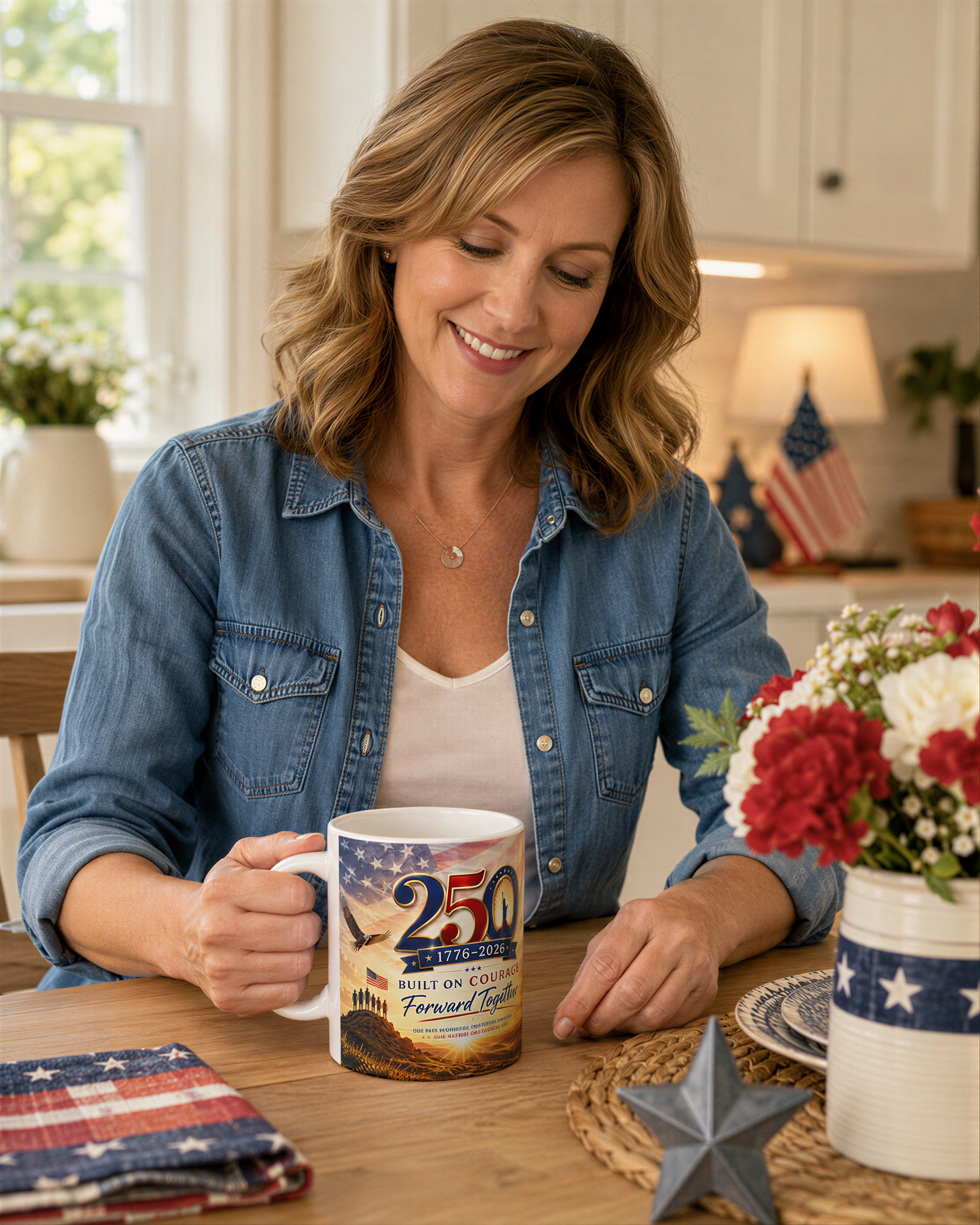 A woman in a denim jacket is sitting at a table, holding a mug with a design that says "250th Anniversary Built on Principles Forward Vision".
