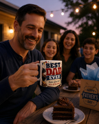 A man holding a mug with the text "BEST DAD EVER" is smiling and sitting at a table with a slice of chocolate cake and a gift bag labeled "Happy Father's Day".