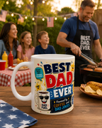 A family enjoying a barbecue outdoors, with a man in a blue shirt and apron preparing food. A white mug with a colorful design and text is placed on a table in front of them.