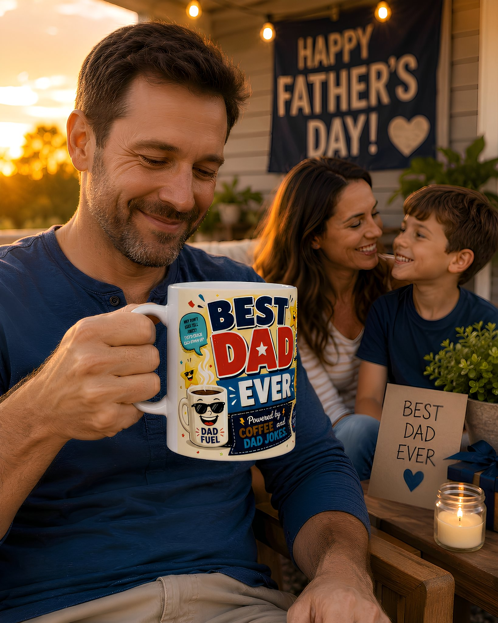 A man holding a mug with a humorous message, while a woman and a child smile and look at him. In the background, there is a banner that reads "Happy Father's Day!".