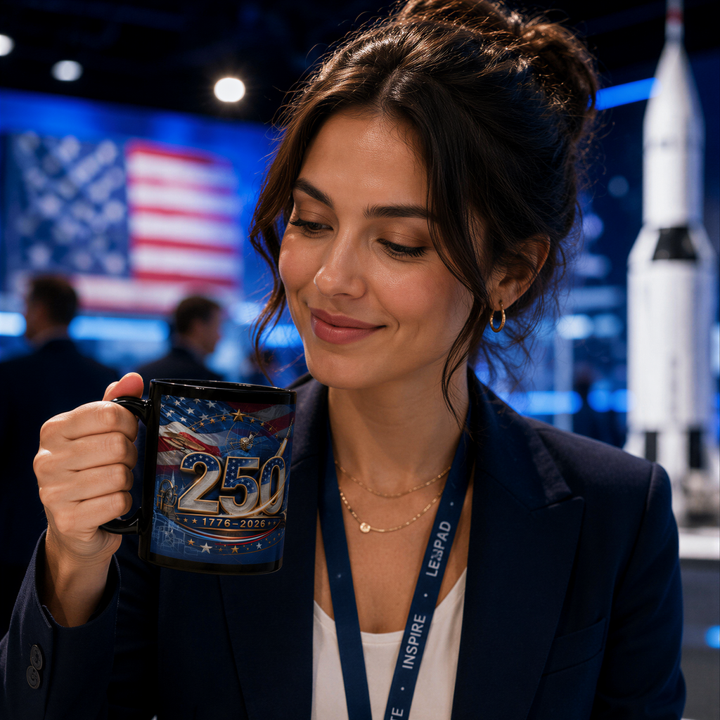 A woman in a navy blue blazer is holding a mug with the text "250" on it, smiling and looking down at it.