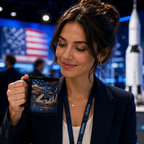 A woman in a navy blue blazer is holding a mug with the text "250" on it, smiling and looking down at it.