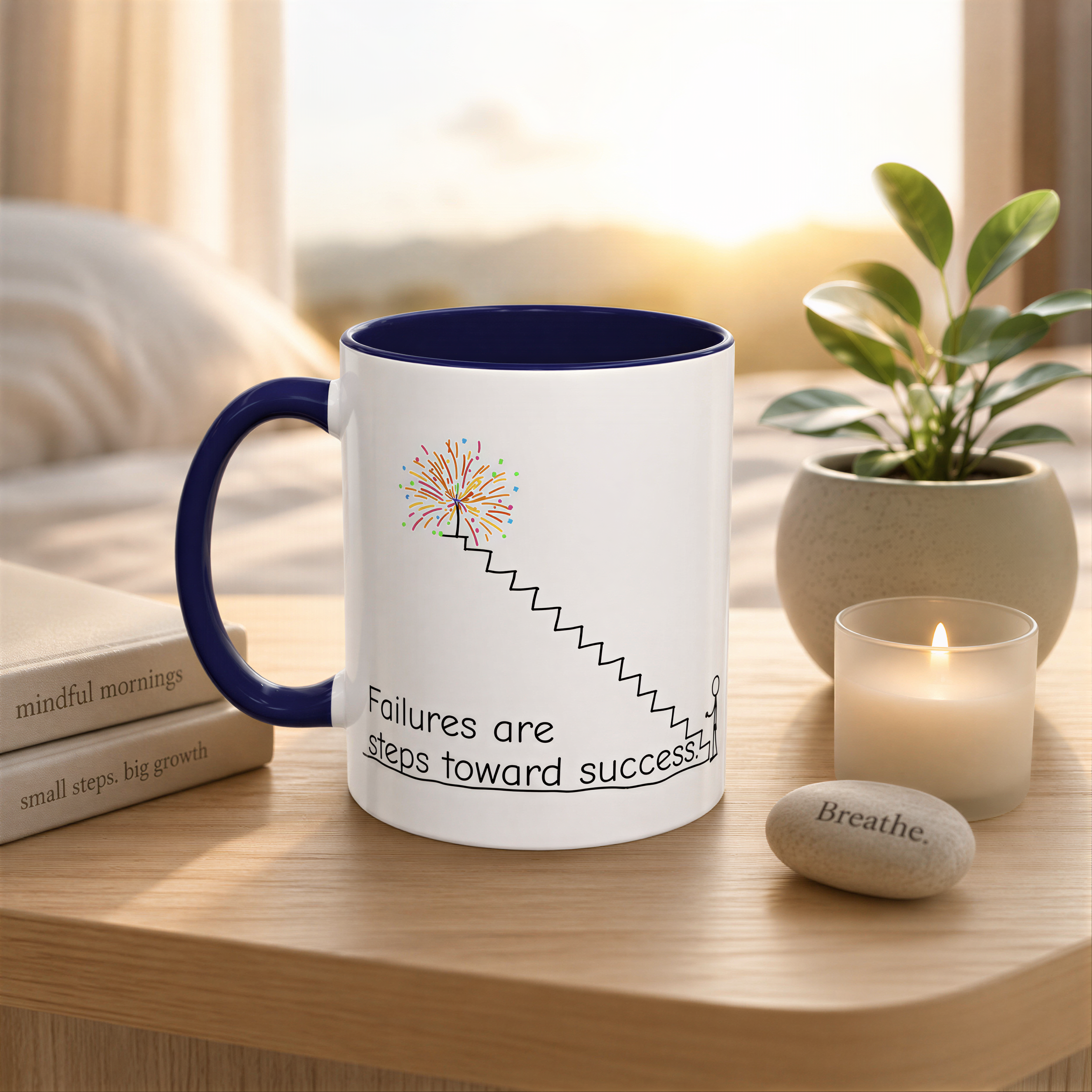 A white mug with a blue handle sits on a wooden table, accompanied by a candle, a book, and a small plant.