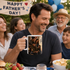 A man is holding a mug with a picture of a family, smiling and surrounded by other people, including a woman and a child, in an outdoor setting with a "Happy Father's Day!" banner in the background.