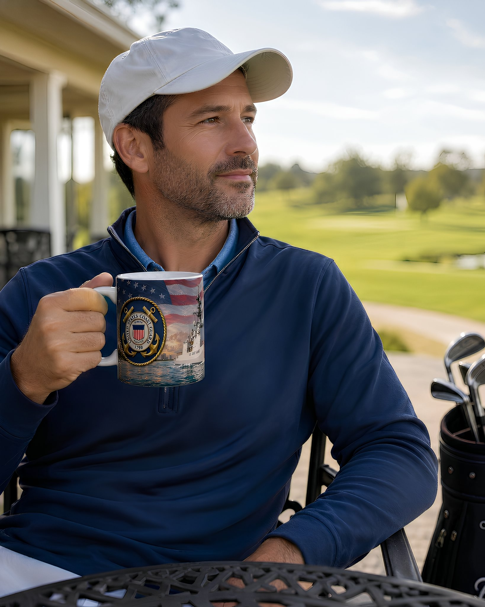 A man wearing a white cap and blue sweater is sitting on a chair, holding a mug with an image of the United States Navy.