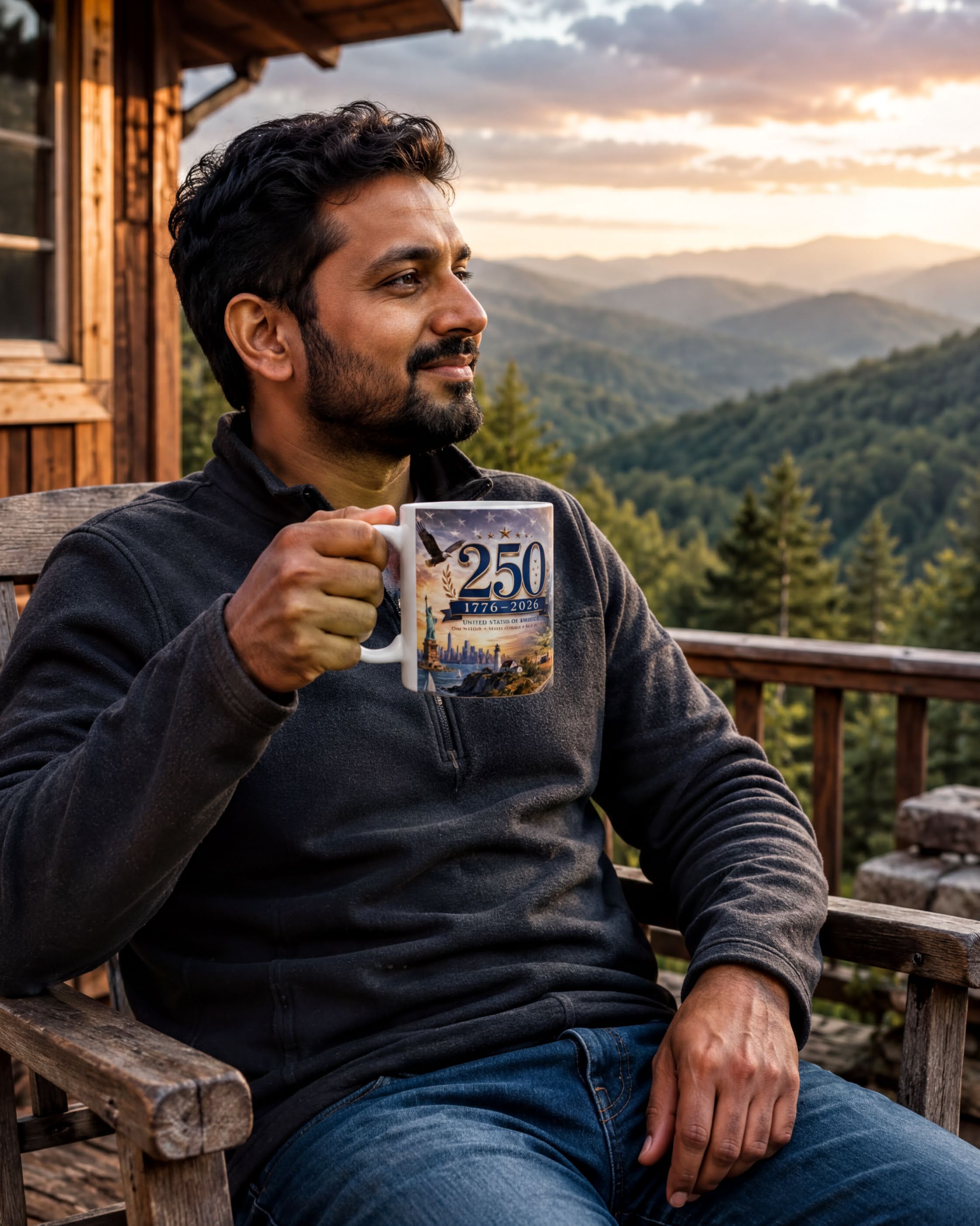 A man sits on a wooden bench, holding a mug with a design, while a scenic mountain landscape with trees and a sunset is visible in the background.