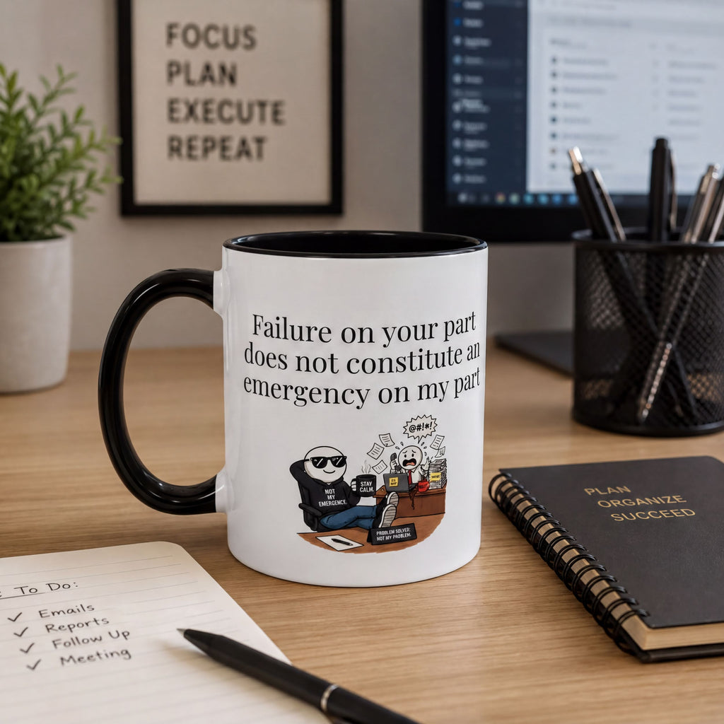 a desk with a black and white mug with a humorous text printed on it, a notebook, a pen, and a computer monitor in the background.