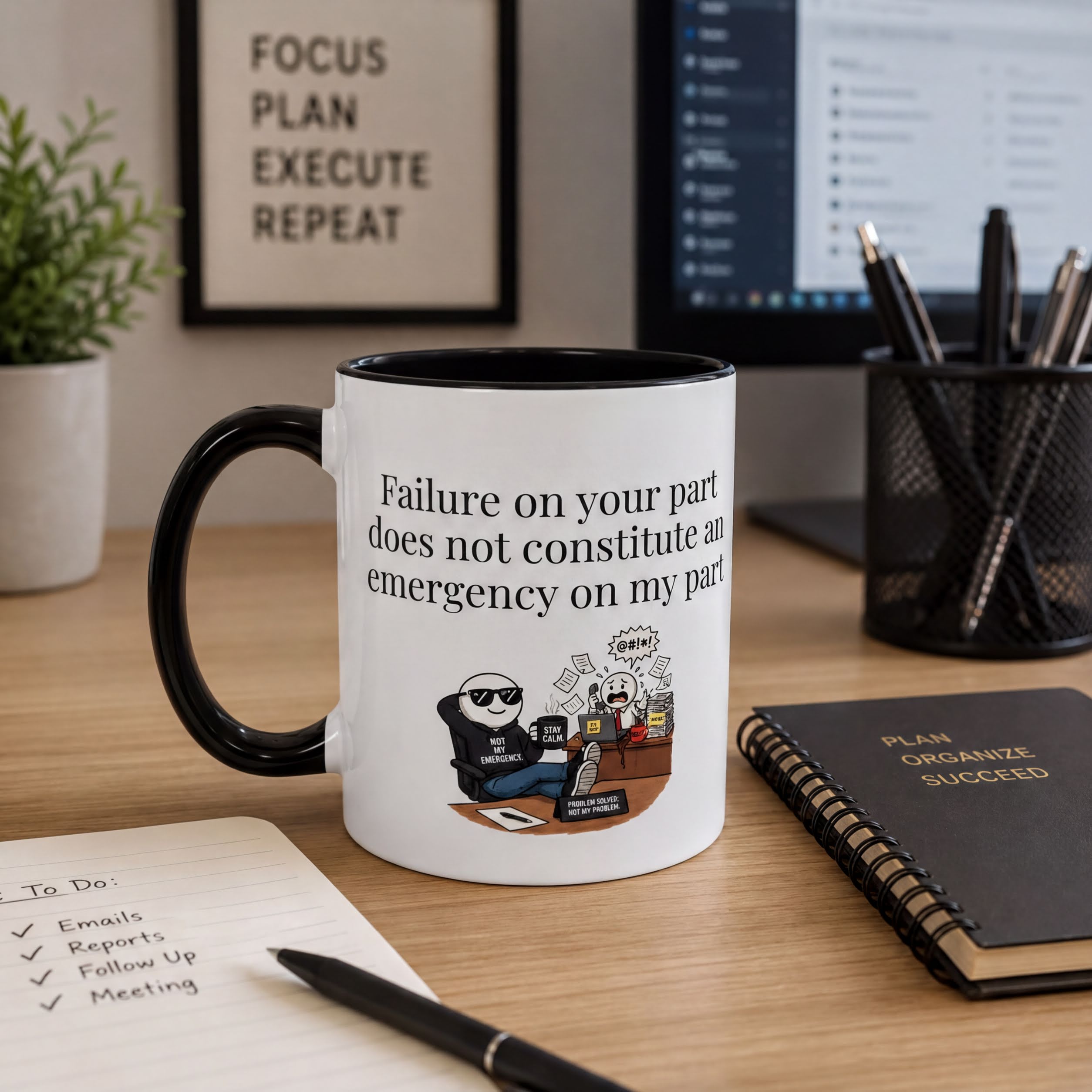 a desk with a black and white mug with a humorous text printed on it, a notebook, a pen, and a computer monitor in the background.
